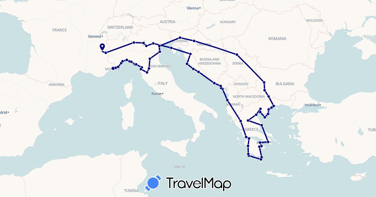 TravelMap itinerary: driving in Albania, Bulgaria, France, Greece, Croatia, Italy, Montenegro, Serbia, Slovenia (Europe)